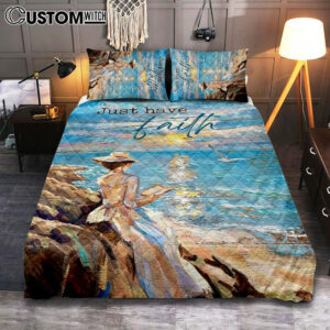 Just Have Faith Lady Reading Book Bedroom Quilt Bedding Set – Bible Verse Quilt Bedding Set Art – Christian Bedroom Home Decor