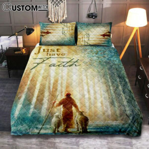 Just Have Faith He Leadeth Me Jesus Sheep Quilt Bedding Set Prints – Jesus Christ Quilt Bedding Set Art – Christian Cover Twin Bedding Decor