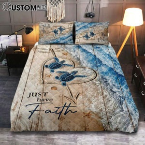 Just Have Faith Blue Turtle Quilt Bedding Set Bedroom – Bible Verse Quilt Bedding Set Art – Christian Home Decor