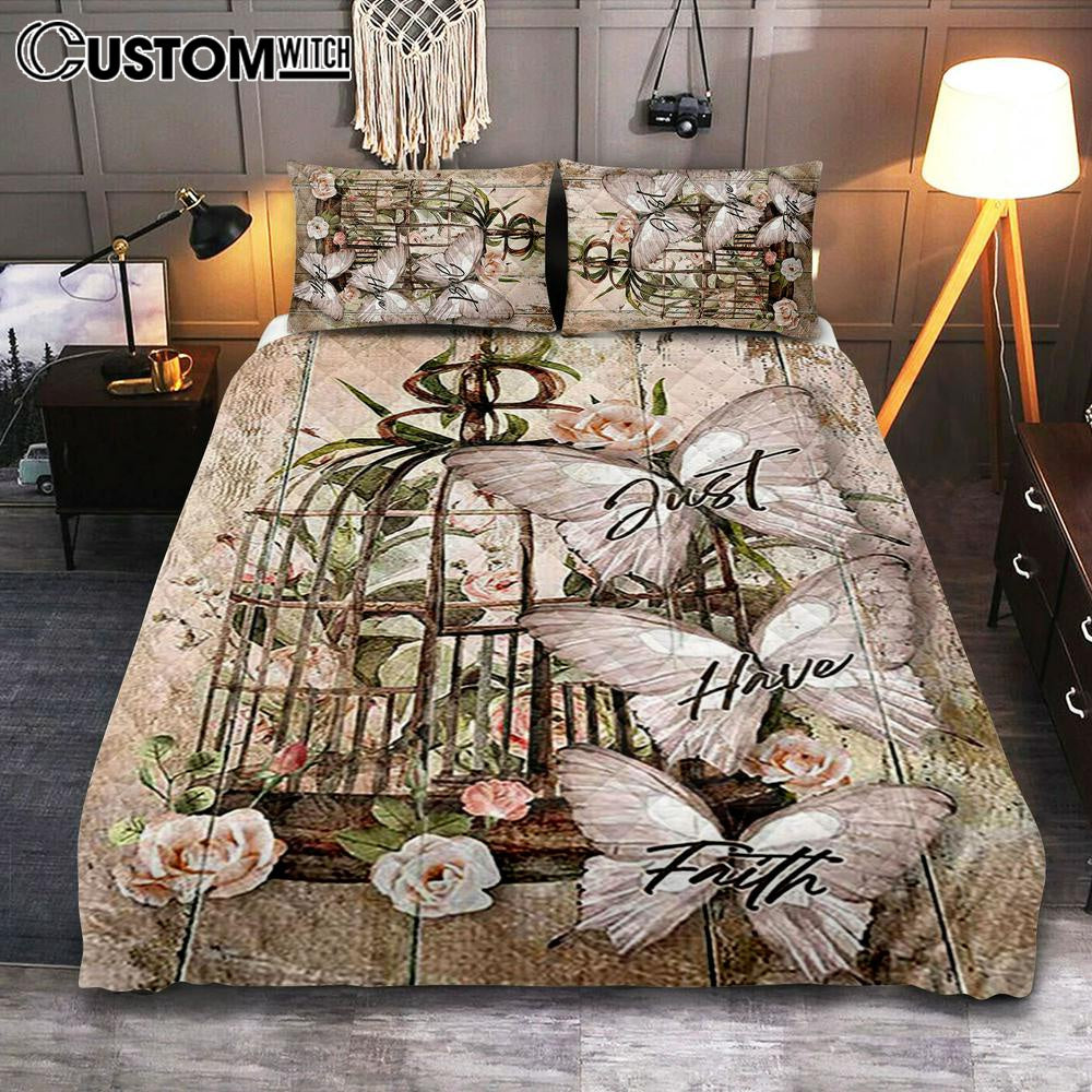 Just Have Faith Bird Cage White Butterfly Quilt Bedding Set Bedroom – Bible Verse Quilt Bedding Set Art – Christian Home Decor Just Have Faith Bird Cage White Butterfly Quilt Bedding Set Bedroom – Bible Verse Quilt Bedding Set Art – Christian Home Decor