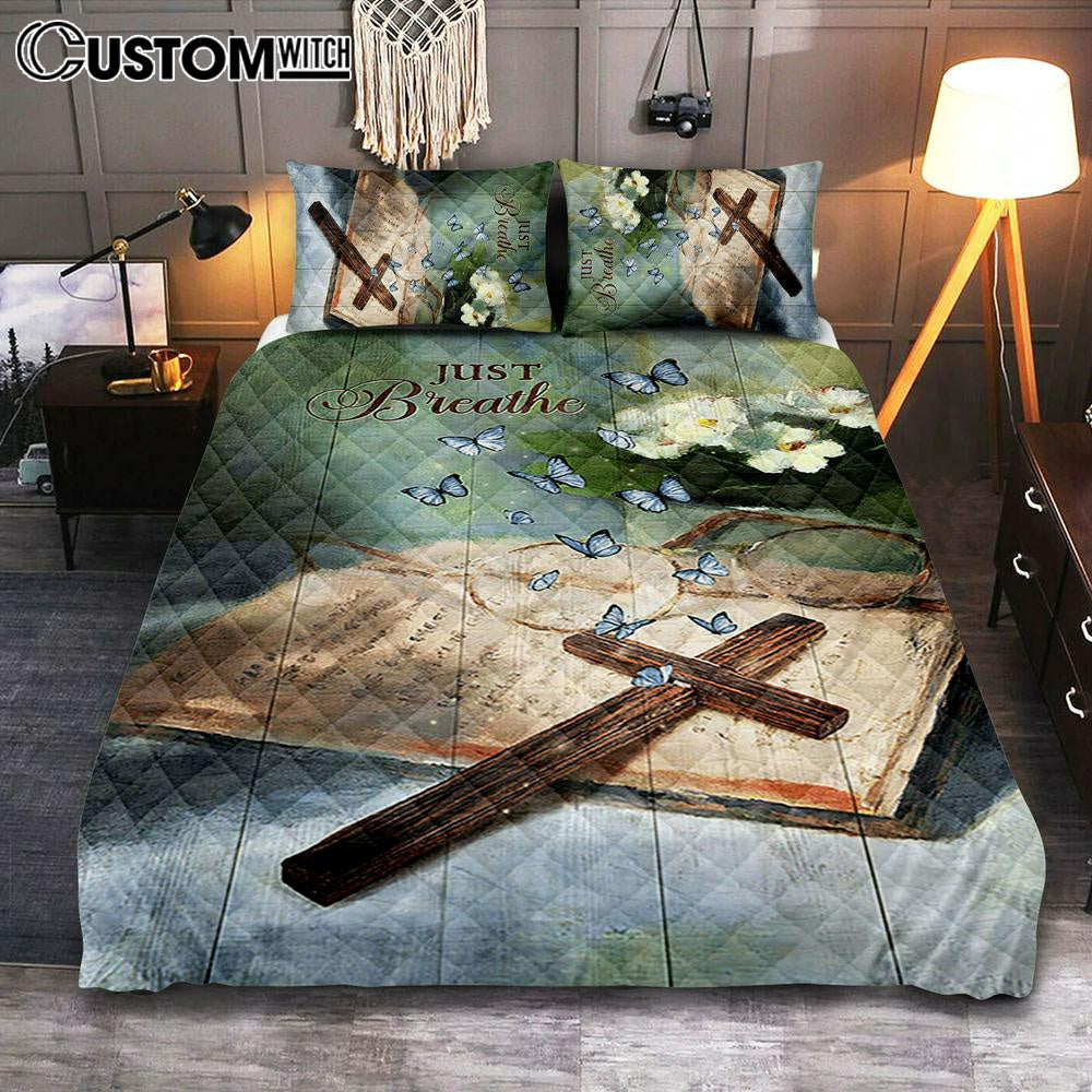 Just Breathe Wooden Cross Bible Quilt Bedding Set – Christian Bedroom – Religious Home Decor