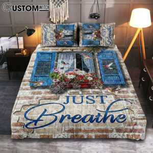 Just Breathe Window Flower Hummingbird Bedroom Quilt Bedding Set – Bible Verse Quilt Bedding Set Art – Christian Bedroom Home Decor
