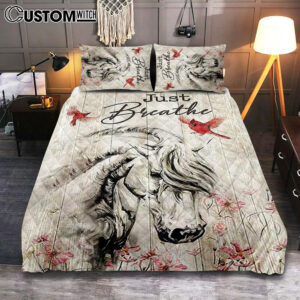 Just Breathe White Horse Red Cardinal Bedroom Quilt Bedding Set – Bible Verse Quilt Bedding Set Art – Christian Bedroom Home Decor