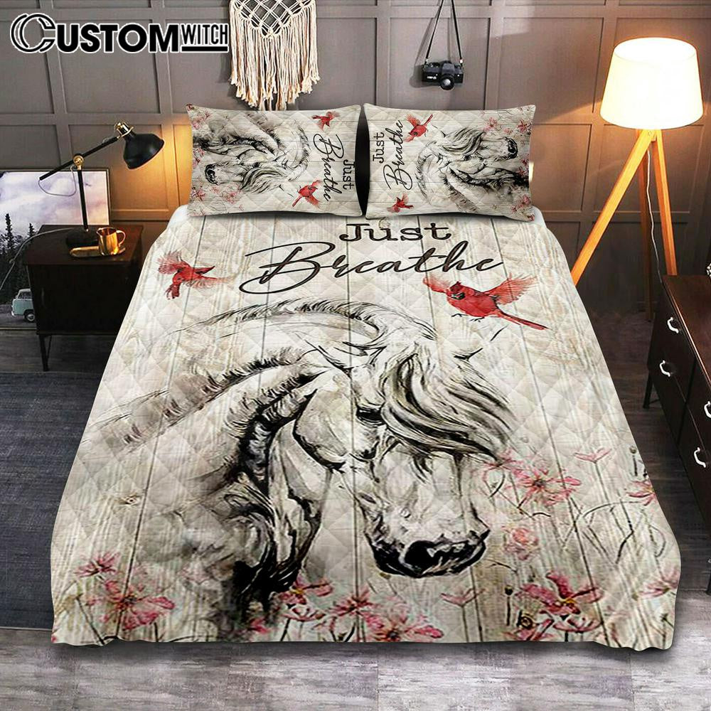 Just Breathe White Horse Red Cardinal Bedroom Quilt Bedding Set – Bible Verse Quilt Bedding Set Art – Christian Bedroom Home Decor