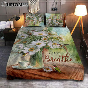 Just Breathe White Flower Hummingbird Bedroom Quilt Bedding Set – Bible Verse Quilt Bedding Set Art – Christian Bedroom Home Decor