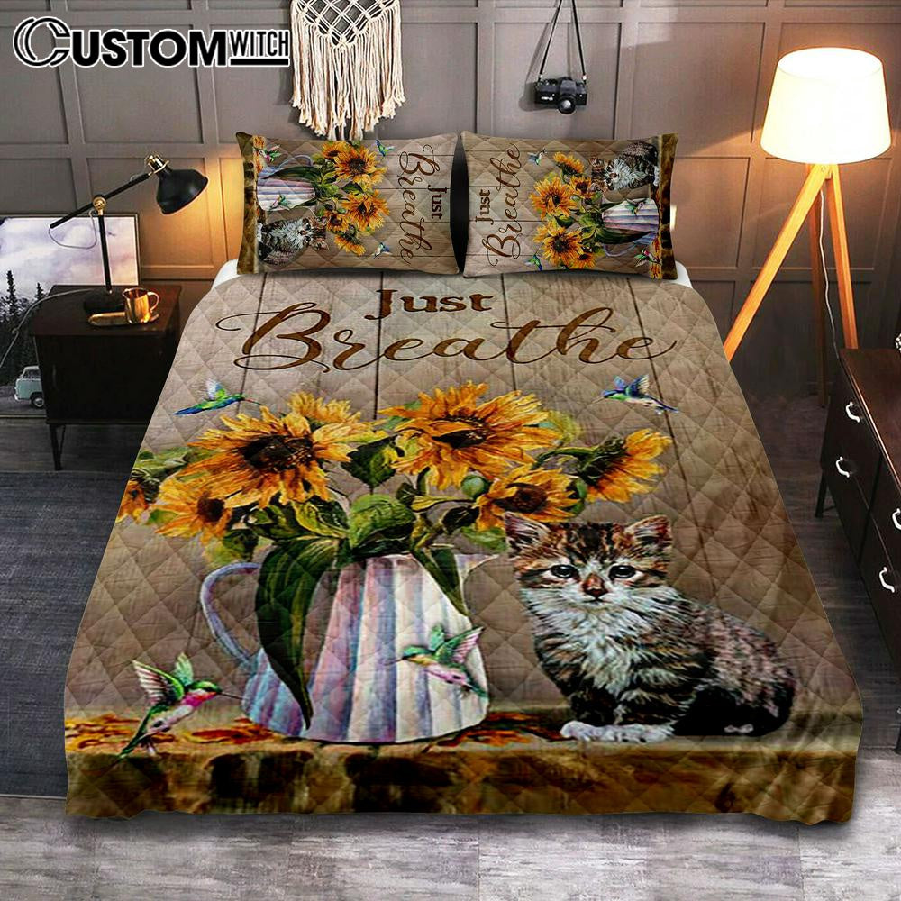 Just Breathe Sunflower Vase Little Cat Hummingbird Bedroom Quilt Bedding Set – Bible Verse Quilt Bedding Set Art – Christian Bedroom Home Decor