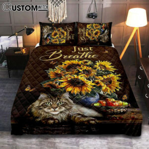 Just Breathe Sunflower Cat Bedroom Quilt Bedding Set – Bible Verse Quilt Bedding Set Art – Christian Bedroom Home Decor
