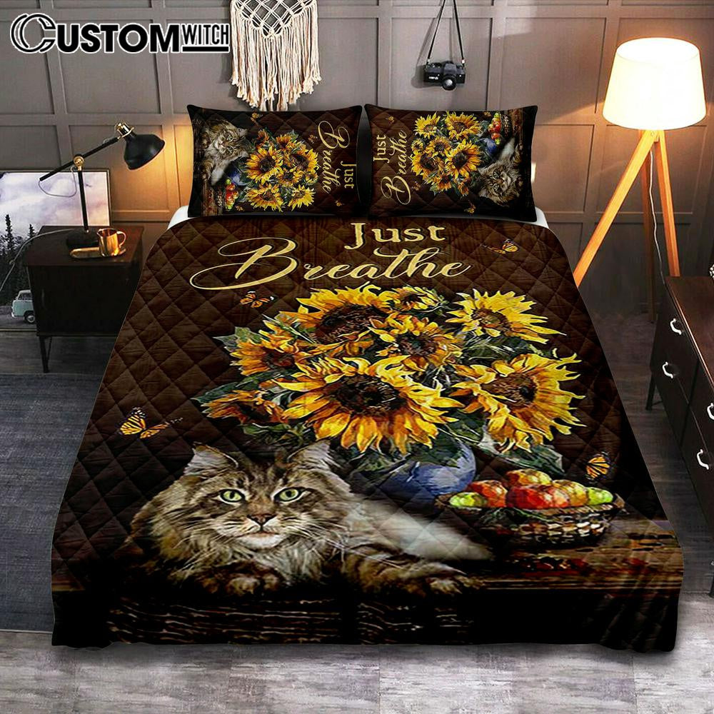 Just Breathe Sunflower Cat Bedroom Quilt Bedding Set – Bible Verse Quilt Bedding Set Art – Christian Bedroom Home Decor Just Breathe Sunflower Cat Bedroom Quilt Bedding Set – Bible Verse Quilt Bedding Set Art – Christian Bedroom Home Decor