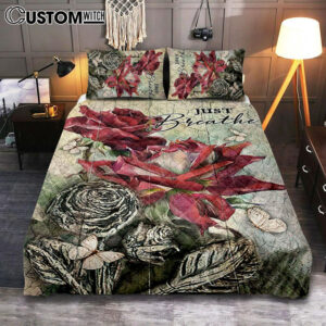 Just Breathe Red Rose Butterfly Quilt Bedding Set Bedroom – Bible Verse Quilt Bedding Set Art – Christian Home Decor
