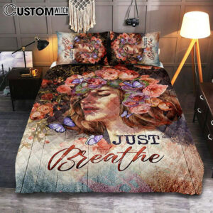Just Breathe Purple Butterfly Girl Quilt Bedding Set Bedroom – Bible Verse Quilt Bedding Set Art – Christian Home Decor