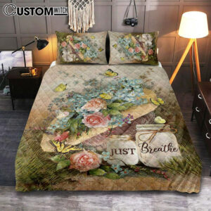 Just Breathe Pastel Flower Vase Yellow Butterfly Quilt Bedding Set Art – Christian Art – Bible Verse Bedroom – Religious Home Decor
