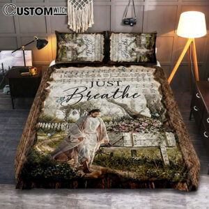 Just Breathe Music Sheet Walking With Jesus Pretty Flower Garden Quilt Bedding Set Bedroom – Christian Quilt Bedding Set Prints – Bible Verse Quilt Bedding Set Art