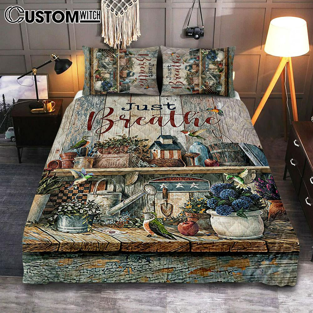 Just Breathe Kitchen Hummingbird Bedroom Quilt Bedding Set – Bible Verse Quilt Bedding Set Art – Christian Bedroom Home Decor