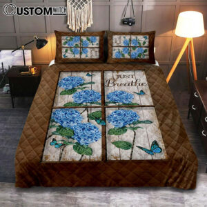 Just Breathe Hydrangeas Blue Flower Butterfly Bedroom Quilt Bedding Set – Bible Verse Quilt Bedding Set Art – Christian Bedroom Home Decor