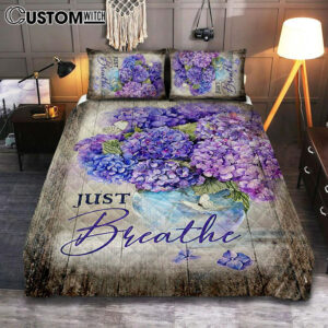 Just Breathe Hydrangea Purple Flower Bedroom Quilt Bedding Set – Bible Verse Quilt Bedding Set Art – Christian Bedroom Home Decor