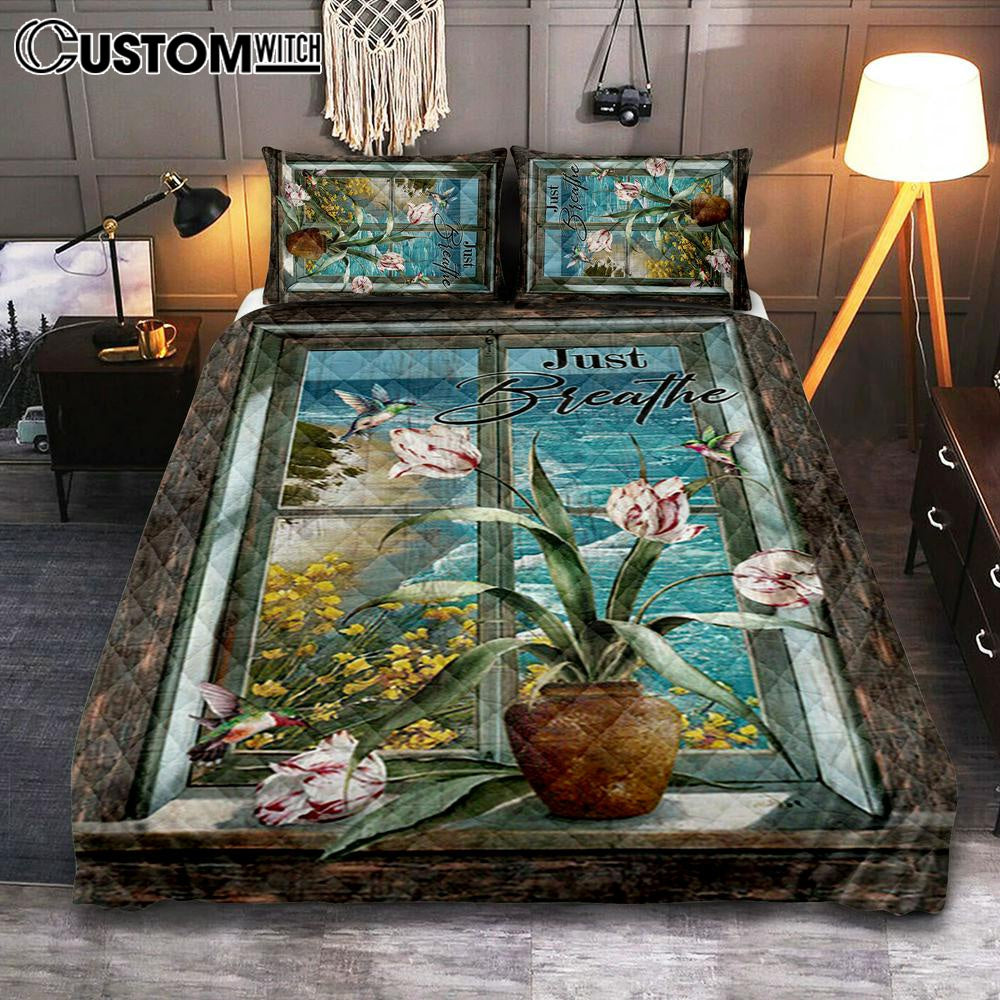 Just Breathe Hummingbird Blue Ocean Quilt Bedding Set Bedroom – Bible Verse Quilt Bedding Set Art – Christian Home Decor