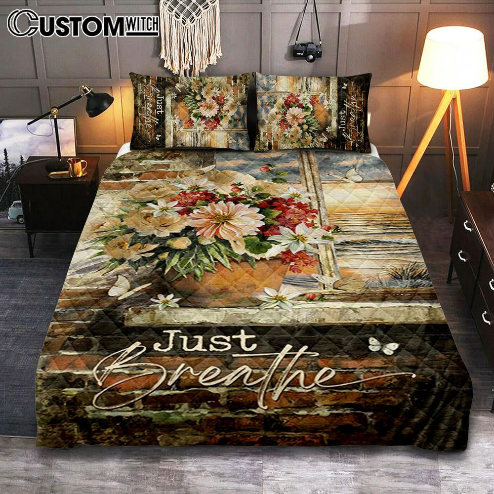 Just Breathe Flowers White Peony Ocean View Quilt Bedding Set Bedroom – Bible Verse Quilt Bedding Set Art – Christian Home Decor