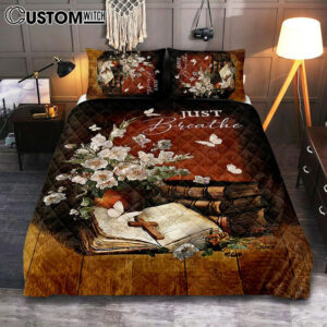 Just Breathe Flower Vase Butterfly Books Wooden Cross Bedroom Quilt Bedding Set – Bible Verse Quilt Bedding Set Art – Christian Bedroom Home Decor