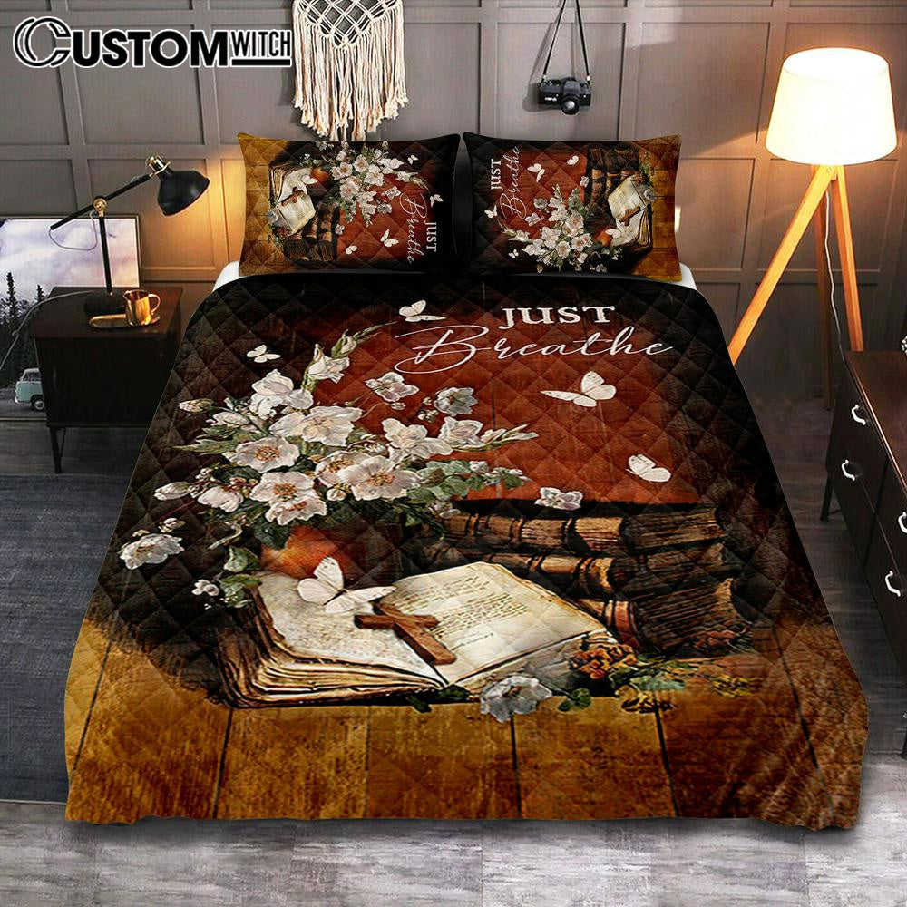Just Breathe Flower Vase Butterfly Books Wooden Cross Bedroom Quilt Bedding Set – Bible Verse Quilt Bedding Set Art – Christian Bedroom Home Decor