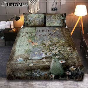Just Breathe Daisy Flower Dragonfly Quilt Bedding Set Art – Christian Art – Bible Verse Bedroom – Religious Home Decor