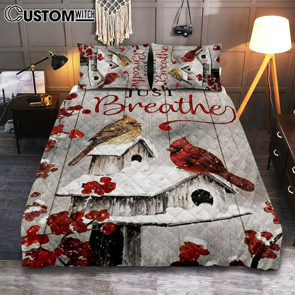 Just Breathe Cardinals Quilt Bedding Set Prints – Christian Cover Twin Bedding Decor – Bible Verse Quilt Bedding Set Art
