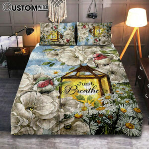Just Breathe Camellia Forest Hummingbird Bedroom Quilt Bedding Set – Bible Verse Quilt Bedding Set Art – Christian Bedroom Home Decor
