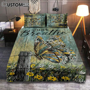 Just Breathe Butterfly Yellow Daisy Quilt Bedding Set Bedroom – Christian Quilt Bedding Set Prints – Bible Verse Quilt Bedding Set Art
