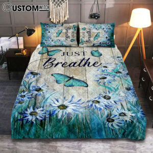 Just Breathe Butterfly Blue Flower Garden Quilt Bedding Set Art – Christian Art – Bible Verse Bedroom – Religious Home Decor