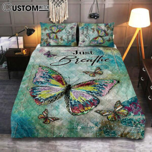 Just Breathe Brilliant Butterfly Quilt Bedding Set Bedroom – Bible Verse Quilt Bedding Set Art – Christian Home Decor