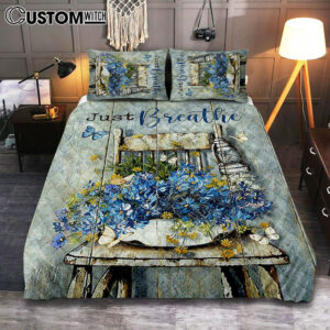 Just Breathe Blue Daisy Vase White Butterfly Quilt Bedding Set Bedroom – Bible Verse Quilt Bedding Set Art – Christian Home Decor