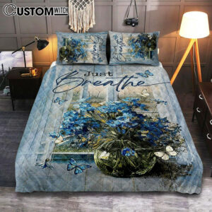 Just Breathe Blue Daisy Butterfly Quilt Bedding Set – Christian Bedroom – Religious Home Decor