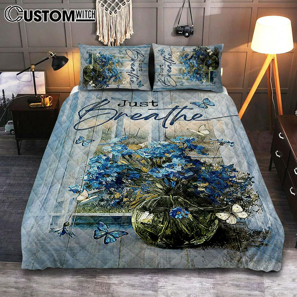 Just Breathe Blue Daisy Butterfly Quilt Bedding Set – Christian Bedroom – Religious Home Decor