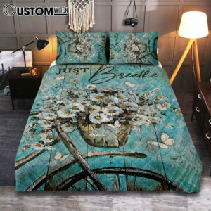 Just Breathe Bicycle Daisy Vase White Butterfly Quilt Bedding Set Art – Christian Art – Bible Verse Bedroom – Religious Home Decor
