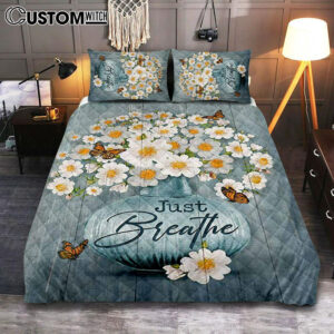 Just Breathe Apricot Blossom Monarch Butterfly Flower Quilt Bedding Set Bedroom – Christian Quilt Bedding Set Prints – Bible Verse Quilt Bedding Set Art