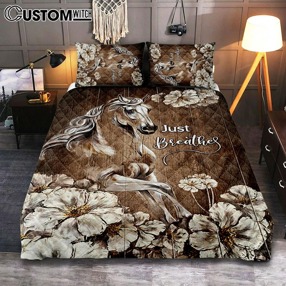 Just Breath Horse Beautiful White Flower Bedroom Quilt Bedding Set – Bible Verse Quilt Bedding Set Art – Christian Bedroom Home Decor