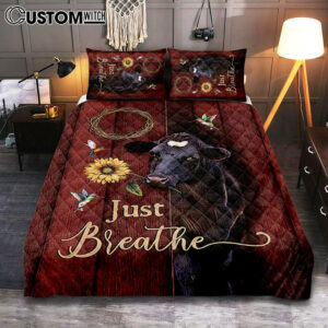Just Breath Angus Cow Sunflower Quilt Bedding Set Bedroom – Christian Quilt Bedding Set Prints – Bible Verse Quilt Bedding Set Art