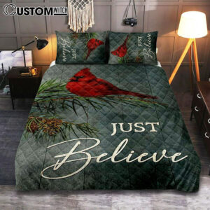 Just Believe Pretty Cardinal Pine Cone Tree Bedroom Quilt Bedding Set – Bible Verse Quilt Bedding Set Art – Christian Bedroom Home Decor