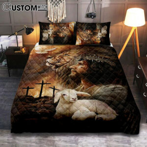 Jeus Lion Of Judah Lamb Of God Dove Of Peace Bedroom Quilt Bedding Set – Jesus Portrait Quilt Bedding Set Prints – Christian Bedroom
