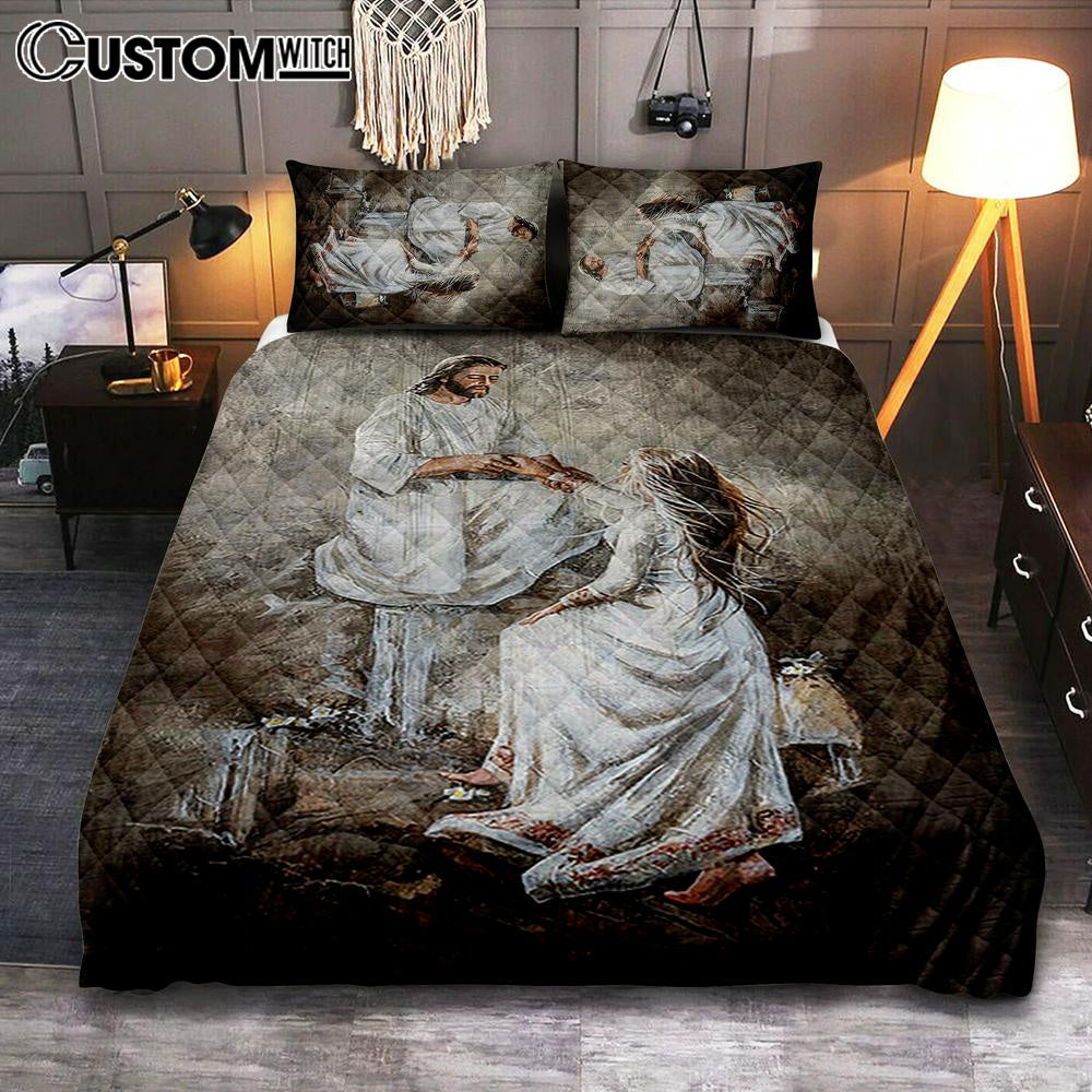 Jesus With Girl Walking With Jesus Bedroom Quilt Bedding Set – Jesus Portrait Quilt Bedding Set Prints – Christian Bedroom