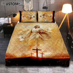 Jesus With Dove Sunset Wooden Cross Quilt Bedding Set Bedroom – Christian Quilt Bedding Set Prints – Bible Verse Quilt Bedding Set Art