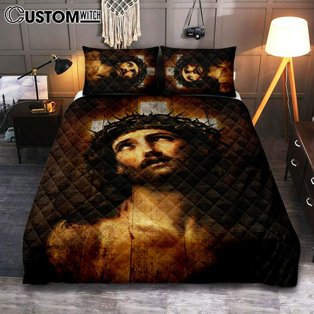Jesus With Crown Of Thorns White Cross Bedroom Quilt Bedding Set – Jesus Portrait Quilt Bedding Set Prints – Christian Bedroom
