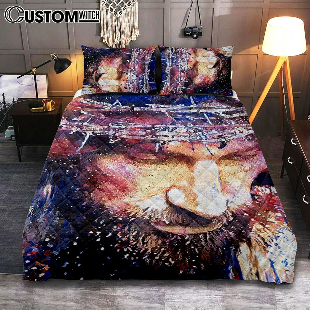 Jesus With Crown Of Thorns Quilt Bedding Set Prints – Jesus Christ Quilt Bedding Set Art – Christian Cover Twin Bedding Decor
