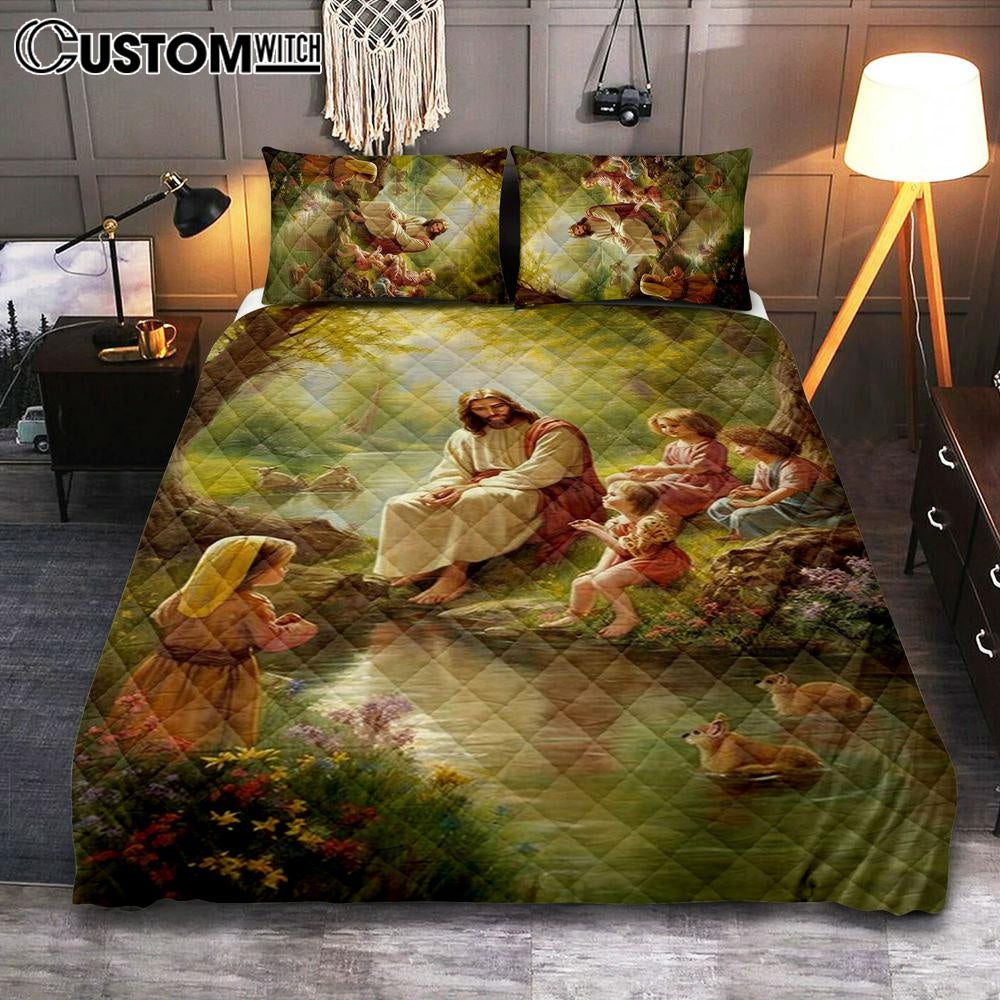 Jesus With Children Quilt Bedding Set Prints – Jesus Quilt Bedding Set Art – Christian Bedroom Decor