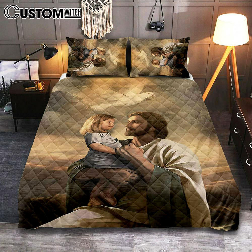 Jesus With Child White Dove Quilt Bedding Set Art – Christian Art – Bible Verse Bedroom – Religious Home Decor