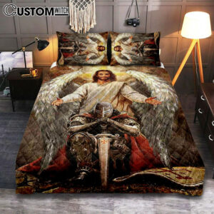 Jesus Wings Warrior Of God Bedroom Quilt Bedding Set – Jesus Portrait Quilt Bedding Set Prints – Christian Bedroom