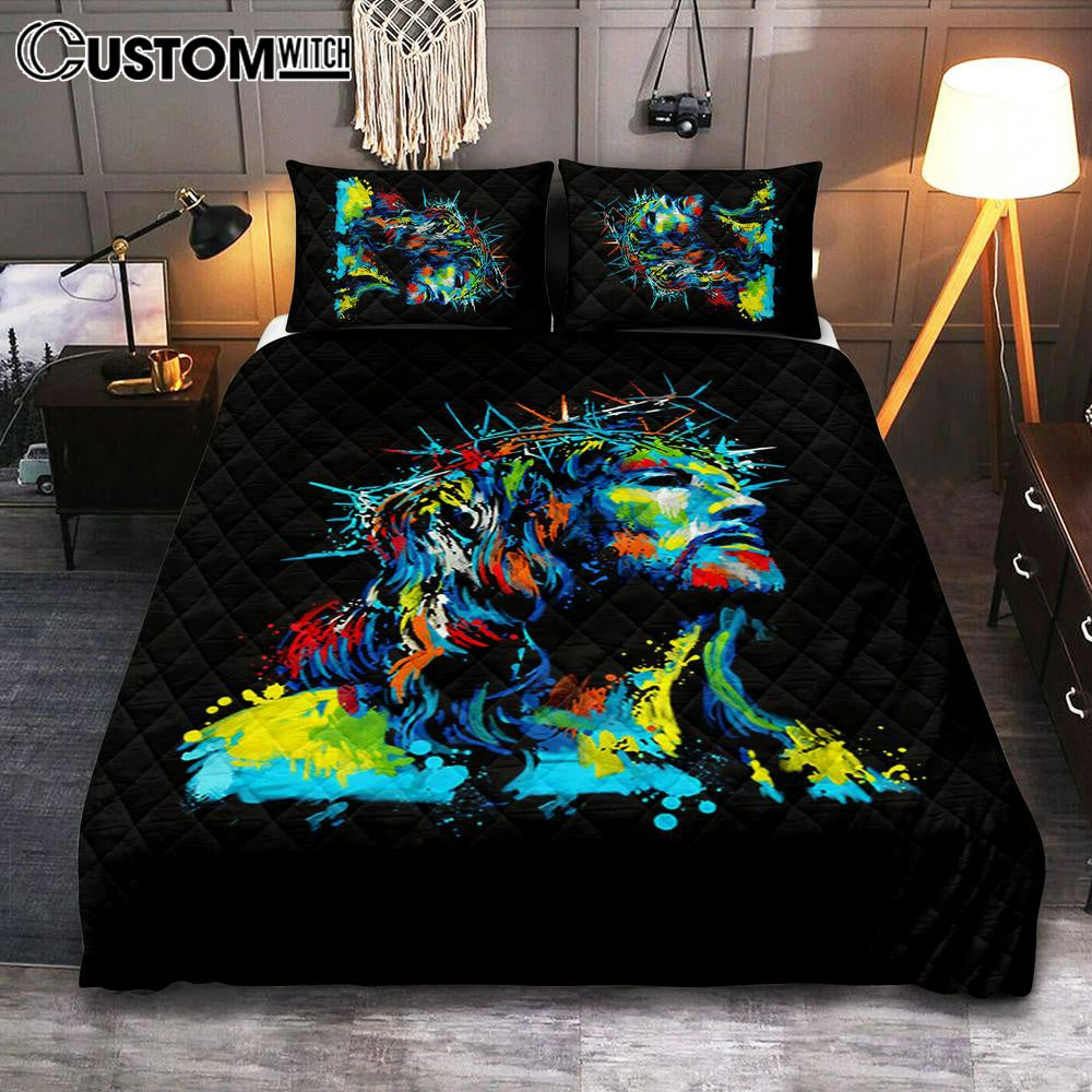 Jesus Wearing Crown Of Thorns Quilt Bedding Set Prints – Jesus Christ Quilt Bedding Set Art – Christian Cover Twin Bedding Decor