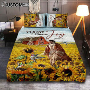 Jesus Walks Sunflower Field Quilt Bedding Set – Today I Choose Joy Quilt Bedding Set – Christian Bedroom – Religious Home Decor