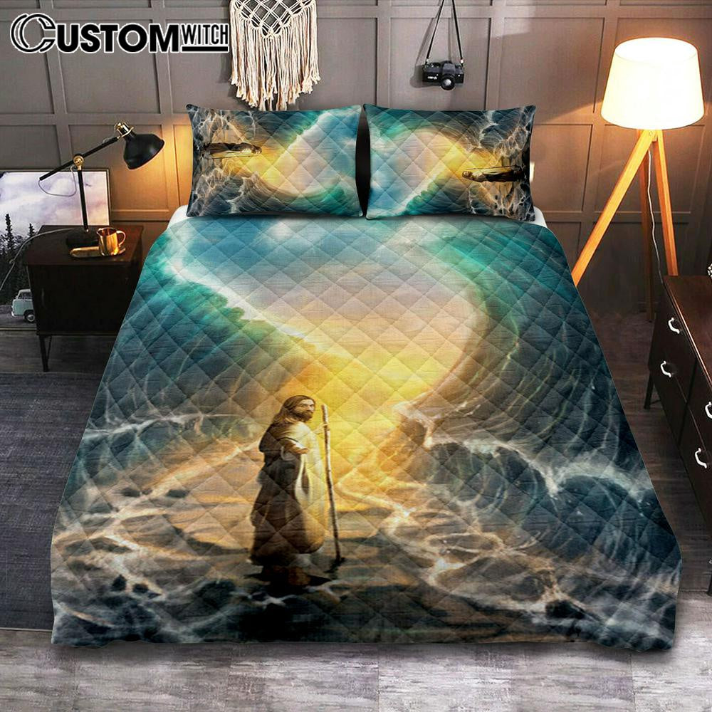 Jesus Walks On Water Quilt Bedding Set – God Will Make A Way For You Quilt Bedding Set Prints – Jesus Christ Quilt Bedding Set Art – Christian Cover Twin Bedding Decor