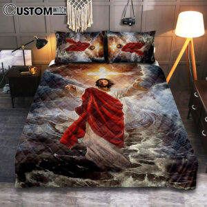 Jesus Walks On Water Cross Light Bedroom Quilt Bedding Set – Jesus Portrait Quilt Bedding Set Prints – Christian Bedroom