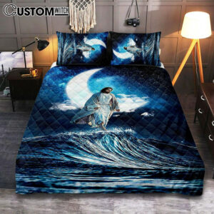 Jesus Walks On Water Bedroom Quilt Bedding Set – Jesus Portrait Quilt Bedding Set Prints – Christian Bedroom